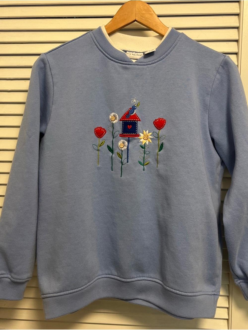Light Blue Embroidered Birdhouse Sweatshirt, grandmacore, cottage, garden